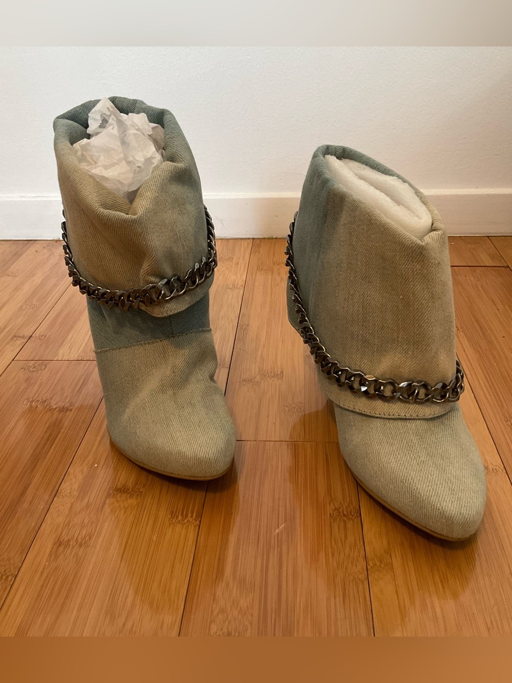 Women’s Chain-Trim Fold-Over Ankle Boots in light denim